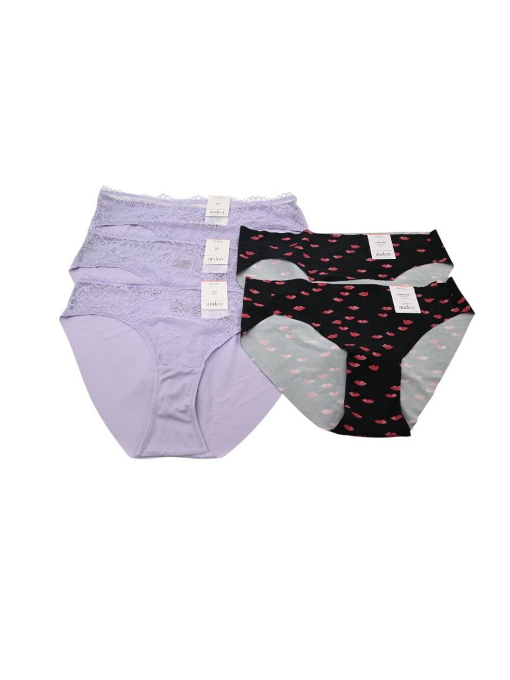 NWT Auden Lot of 5 Floral Lace Bikini Panties Purple Black Lip Print Sz XS 0-2